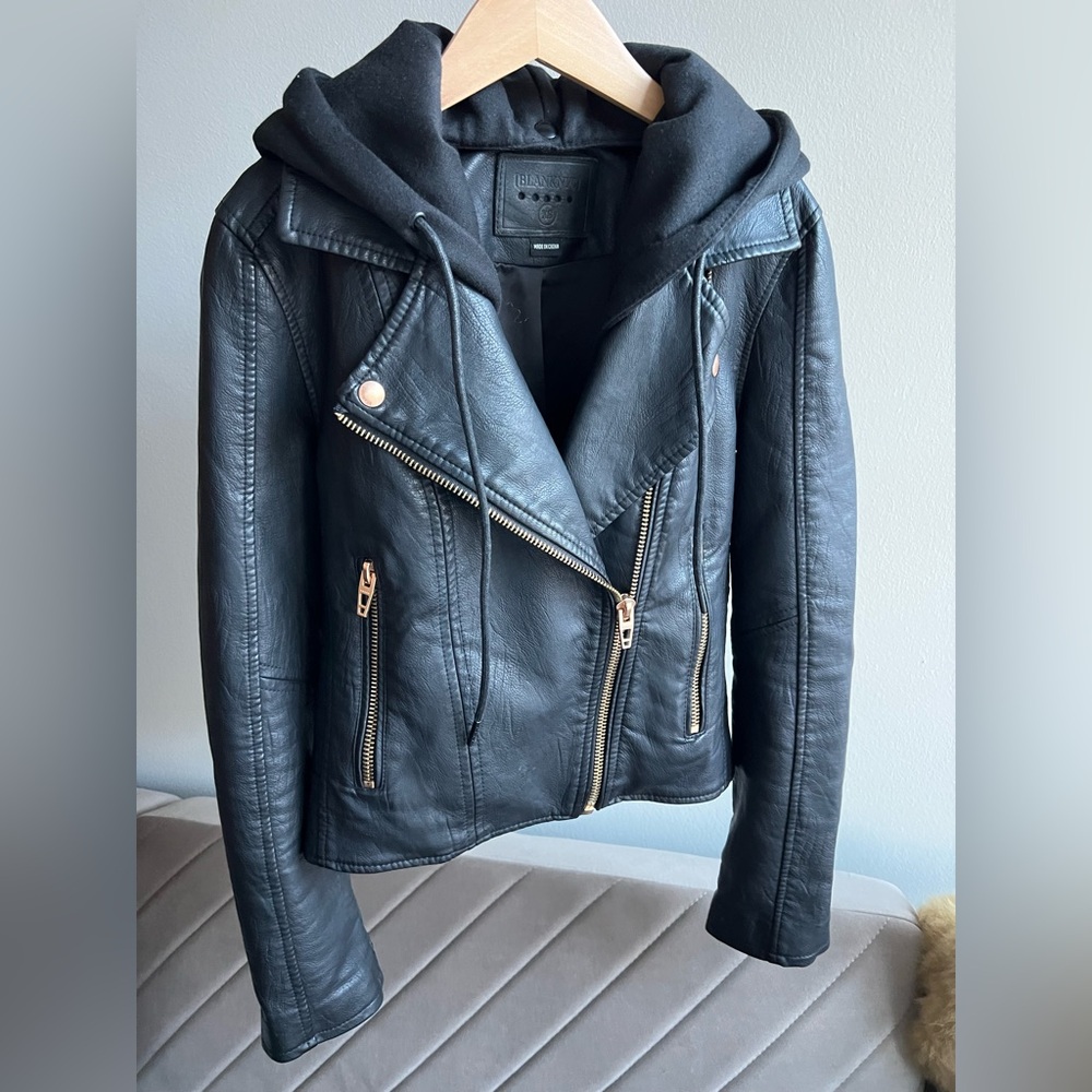 BLANK NYC Black Leather Jacket with Detachable Hood
